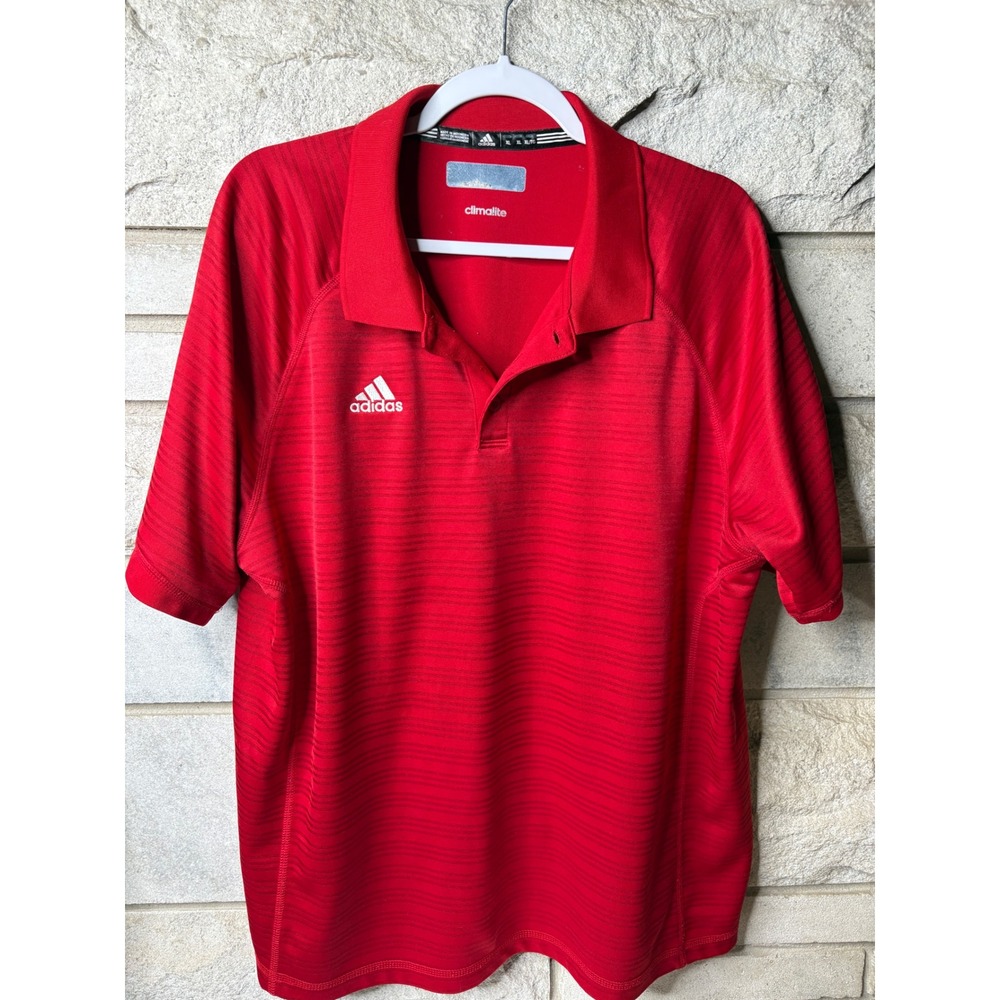 Adidas Climalite Polo Shirt Mens XL Red Striped Short Sleeve Athletic Golf Top